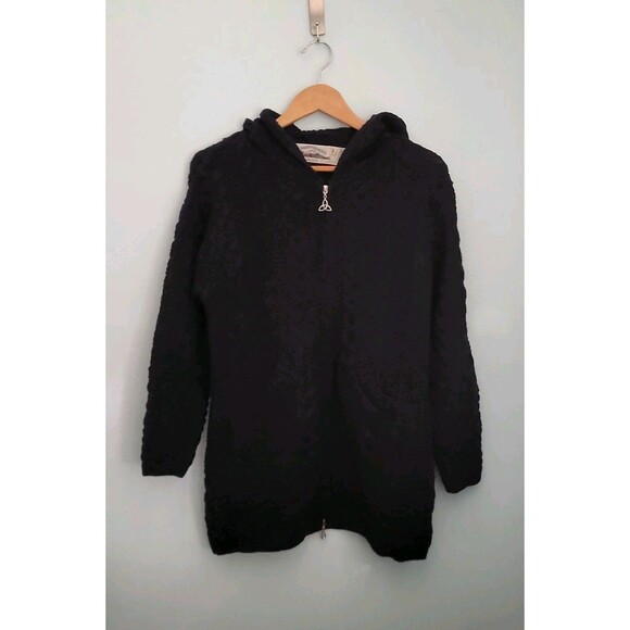 ARAN CRAFTS Sweater Womens M Navy Blue Zip Merino Cable Hooded Chunky Fisherman - Picture 1 of 5